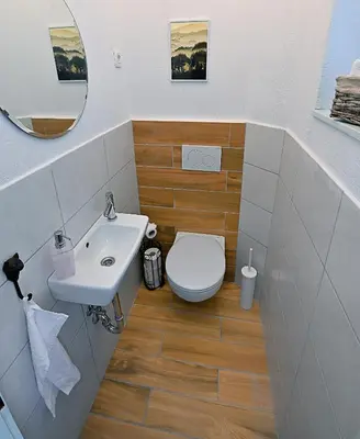a bathroom with a toilet and a sink at Apartment Micnek Bled in Bled