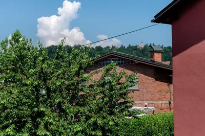a house with a tree in front of a building at Rožna Dolina Apartment in Ljubljana