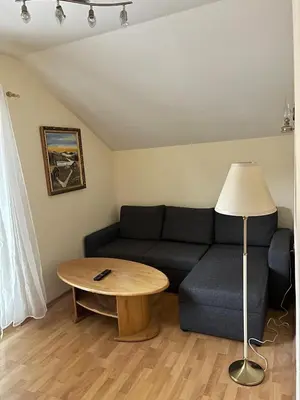 a living room with a couch and a table at Apartma Karavanke in Hrušica