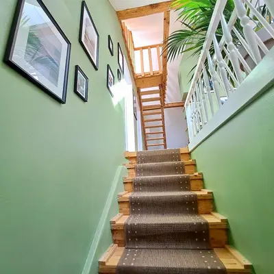 a stairway with a brown rug and a stair case at Entire Loft close to Beautiful Logar Valley in Rečica ob Savinji