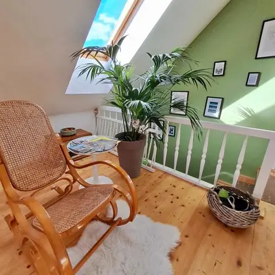 a room with a chair and a table and a plant at Entire Loft close to Beautiful Logar Valley in Rečica ob Savinji