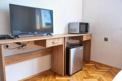 a television on a wooden shelf with a refrigerator at Prenočišča Miklavčič in Nova Vas