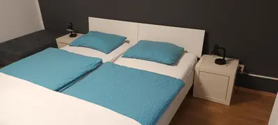 a bedroom with two beds with blue pillows at ApartmentMR in Maribor