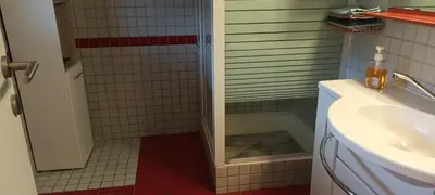 a bathroom with a shower and a sink at ApartmentMR in Maribor