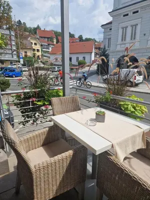 a table and chairs with a view of a street at Hotel Bela Krajina in Metlika