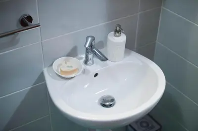a bathroom sink with a soap dispenser on it at Apartment Zoya in Kranjska Gora