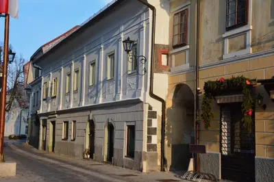an old building on the side of a street at Apartma Linhartov trg in Radovljica