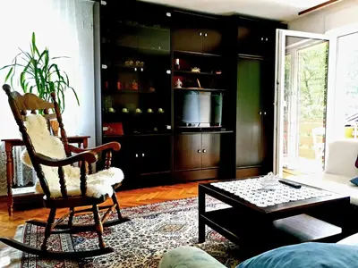 a living room with a chair and a coffee table at Apartment and Garden house among the mountains in Podbrdo