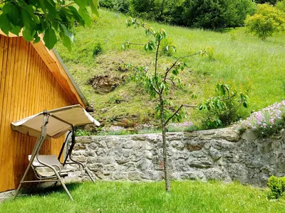 a chair and a table and a tree in a yard at Apartment and Garden house among the mountains in Podbrdo