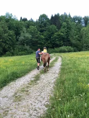 a man and a woman walking a cow down a dirt road at Farm stay Žurej in Šentjur