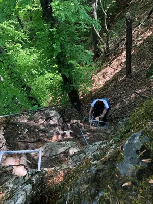 a person bending over on a trail in the woods at Farm stay Žurej in Šentjur