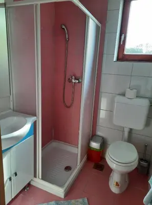 a bathroom with a shower and a toilet and a sink at Tourist Farm Lavrič in Woditz