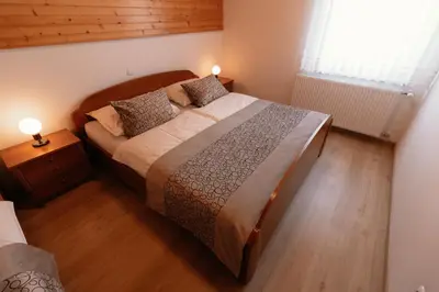 a bedroom with a large bed and a wooden floor at Apartments & Rooms Malej in Bohinj
