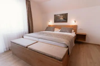 a bedroom with two beds and a window at Apartments & Rooms Malej in Bohinj