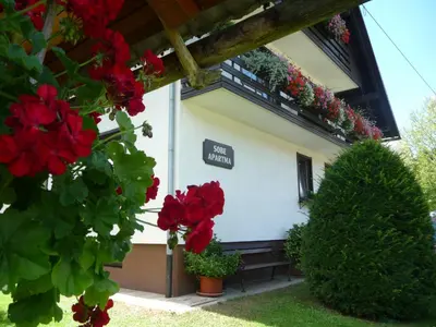 a building with red flowers in front of it at Apartments & Rooms Malej in Bohinj