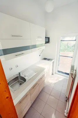 a kitchen with a sink and a window at Frankovič Bed&Breakfast in Vinica