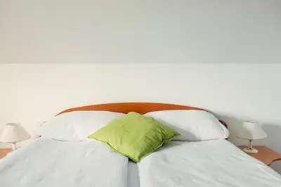 a bed with a green pillow on top of it at Frankovič Bed&Breakfast in Vinica