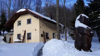 a house covered in snow with a statue in front of it at Holiday House Vodice na Lazu in Zoll