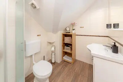 a white bathroom with a toilet and a sink at APARTMA KOŠNIK in Bohinj