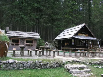 a small building in the middle of a forest at Hotel Center Pokljuka in Goreljek