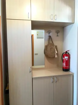 a kitchen with white cabinets and a red fire extinguisher at Apartma, Prekmurska vas, Trobentica 32 in Moravske Toplice