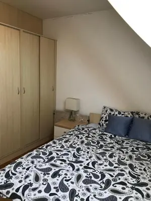 a bedroom with a black and white bed and a cabinet at Apartma, Prekmurska vas, Trobentica 32 in Moravske Toplice