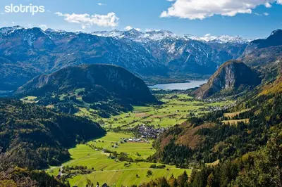 a valley in the mountains with a town and a lake at Apartment Kolman in Bohinj