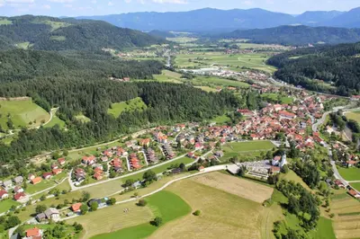 an aerial view of a village in the mountains at Rooms Pevc & Hostel Ljubno ob Savinji in Ljubno