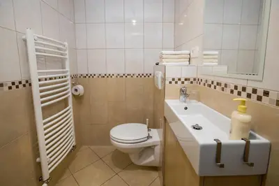 a white bathroom with a toilet and a sink at Apartments Markež in Bohinj