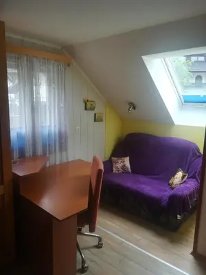 a living room with a purple couch and a table at Apartma PR PEKOVCU in Bohinj