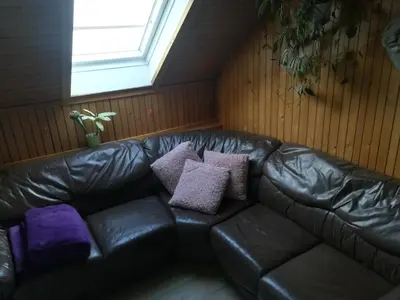a black leather couch with purple and purple pillows on it at Apartma PR PEKOVCU in Bohinj