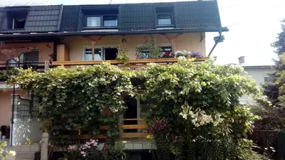 a house with flowers on the front of it at Apartma Meta in Radovljica