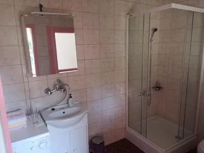 a bathroom with a shower and a sink at Robida in Vransko