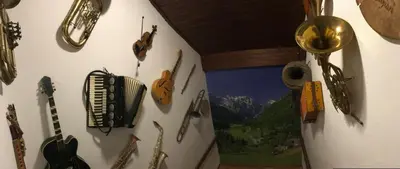 a wall with a bunch of musical instruments on it at Turistična kmetija Čerček in Solčava
