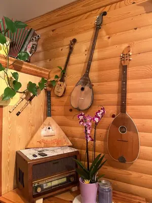 a room with guitars hanging on a wall at Turistična kmetija Čerček in Solčava