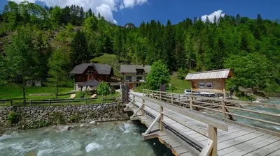 a bridge over a river in front of a house at Turistična kmetija Čerček in Solčava