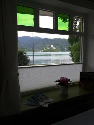 a window with a view of a body of water at Pletna Lake View Apartment (Ground Floor) in Bled