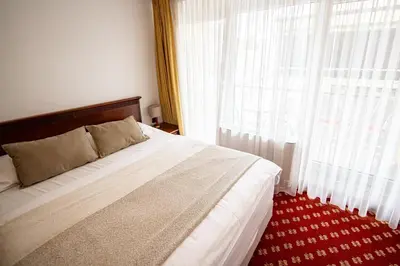 a bedroom with a bed and a large window at Hotel Zvezda in Murska Sobota