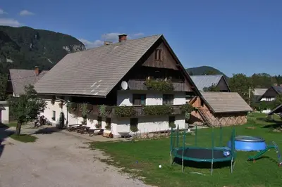 a large house with a playground in front of it at Farmhouse Soklic in Bohinj