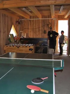 a man standing in a room with a pool table at Farmhouse Soklic in Bohinj