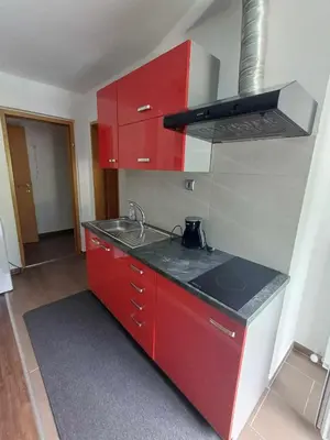 a red kitchen with a sink and a stove at Apartmaji SLATENIK in Bovec