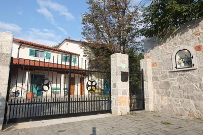 a black wrought iron fence in front of a house at Vila Salamander in Štanjel