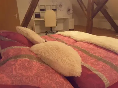 a bed with two white furry pillows on it at DELUX duplex apartment in Maribor