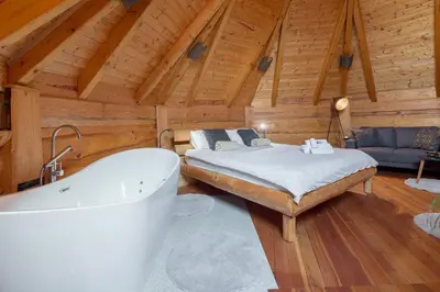 a bedroom with a bed and a bath tub at Wellness hiska Izabela in Križevci pri Ljutomeru