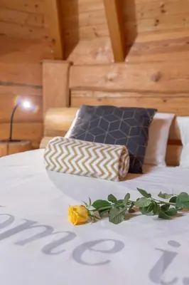 a bed with a blue and white pillow and flowers on it at Wellness hiska Izabela in Križevci pri Ljutomeru