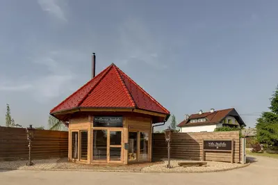a small wooden building with a red roof at Wellness hiska Izabela in Križevci pri Ljutomeru