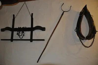 a wand and a mirror hanging on a wall at Penzion Kmečki Hram in Ljubljana