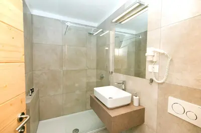 a bathroom with a sink and a shower at Vila Alpina in Bled