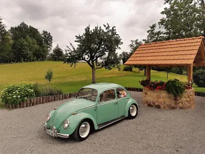 a green car parked in front of a gazebo at Lavender Hill, Eko Resort & Wellness in Polzela