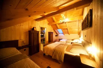 a bedroom with two beds in a room with wooden walls at Lavender Hill, Eko Resort & Wellness in Polzela